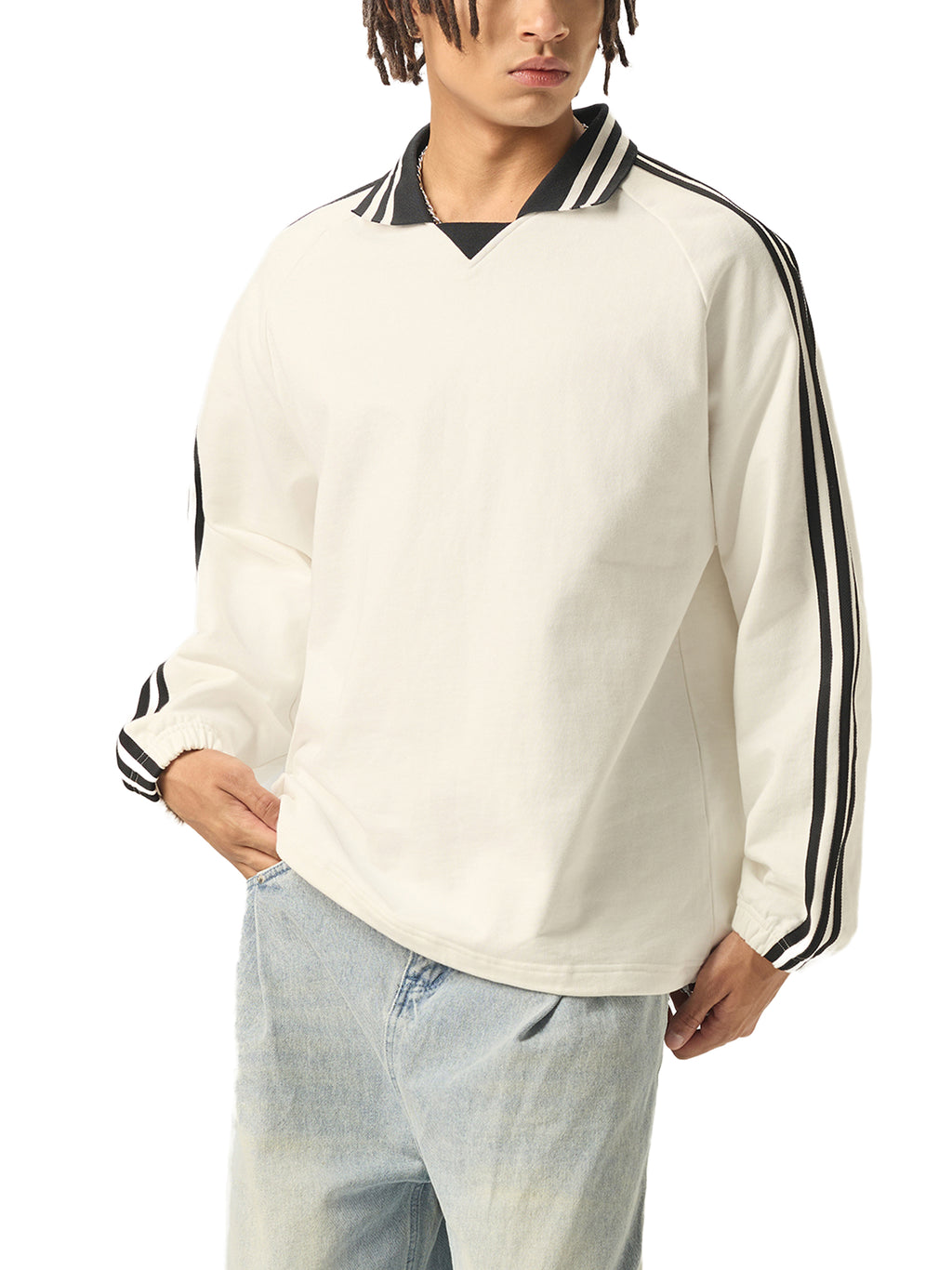 Contrast Striped Lapel Collar Sweatshirt