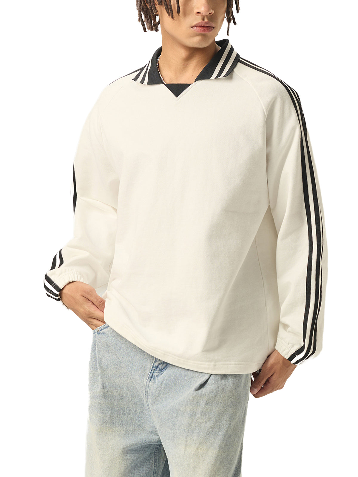 Contrast Striped Lapel Collar Sweatshirt