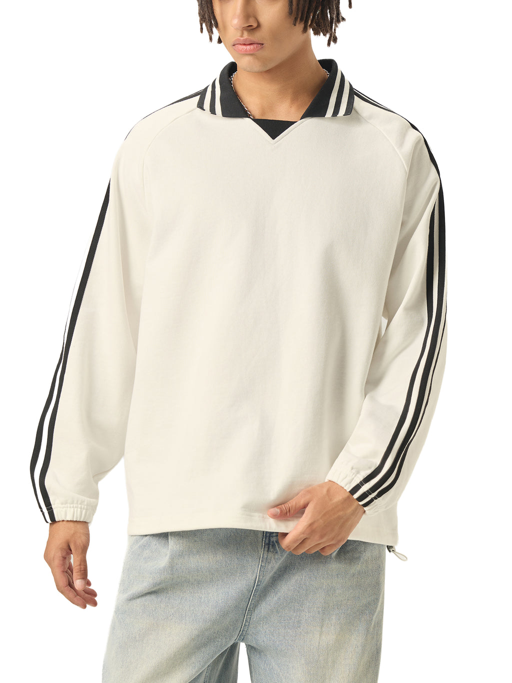 Contrast Striped Lapel Collar Sweatshirt